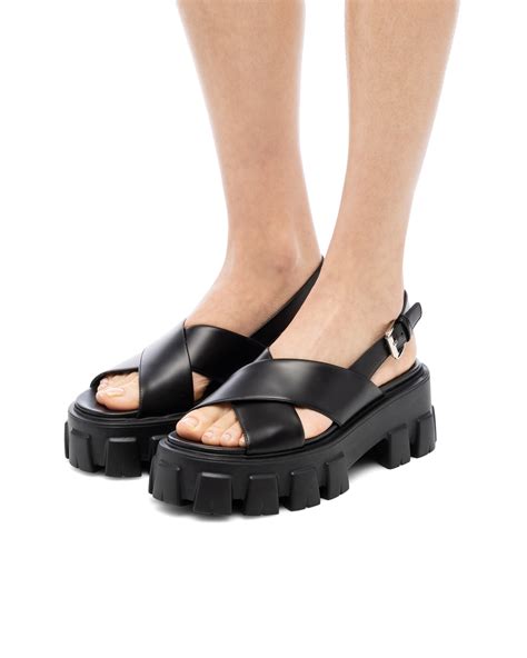 prada brushed leather slides|Prada platform sandals outfit.